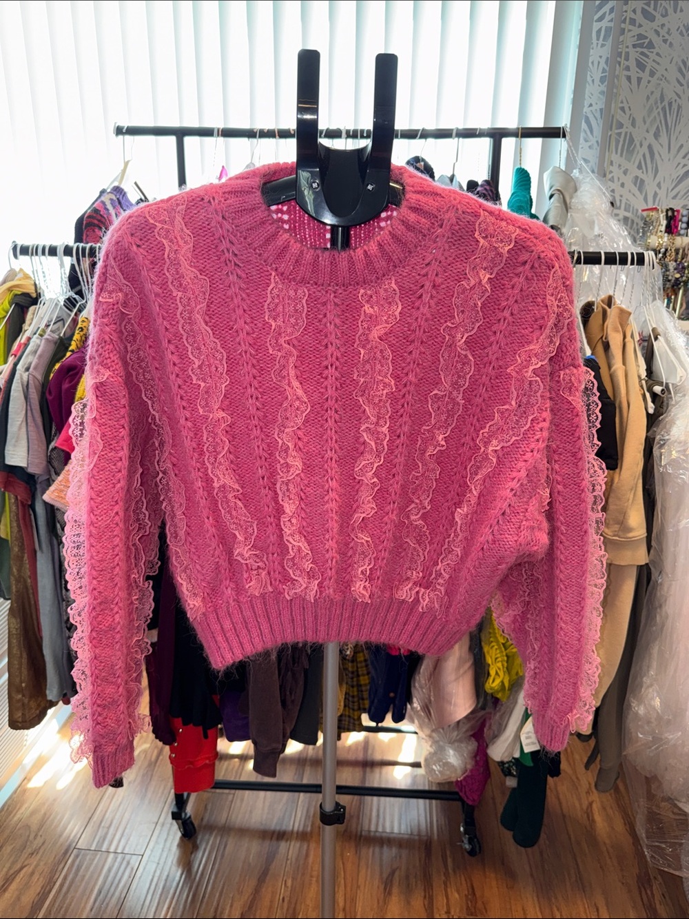 Zara Pink Lace-Trim Cable Knit Cropped Sweater